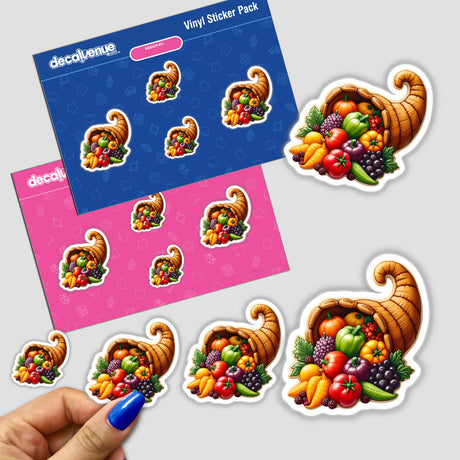 Cornucopia with Colorful Fruits and Vegetables sticker pack, featuring vibrant illustrations of fruits and vegetables. Available as Stickers or Digital Artwork, perfect for decorating and adding a unique touch to items.