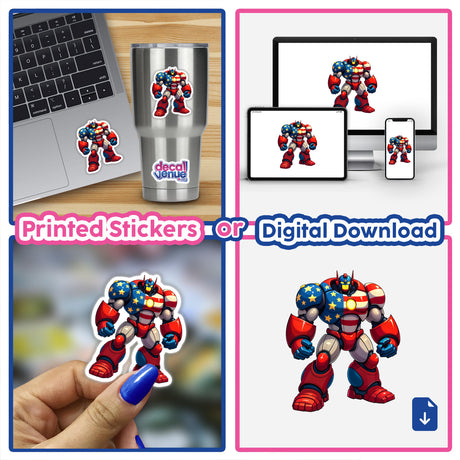 Collage featuring A Cool American Flag Army Robot stickers and digital downloads, including close-ups of cartoon robots on laptops, cups, and as individual stickers.