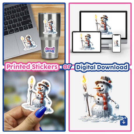 Melting Snowman with Candlestick Torch sticker shown on a laptop and phone, featuring a cartoon snowman holding a torch, available as stickers or digital artwork.