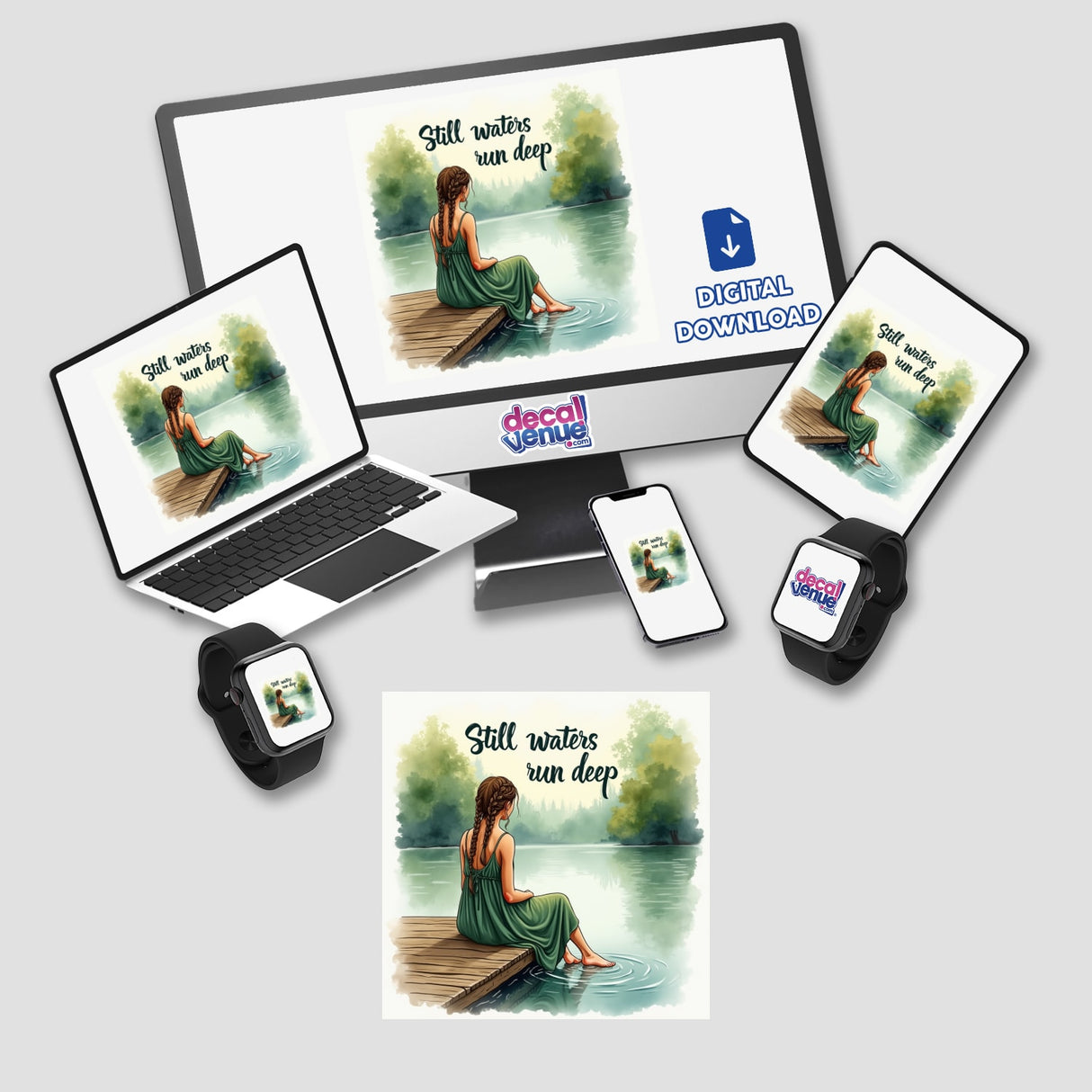 Woman on a Pier by a Lake – “Still waters run deep” depicted on digital screens, showcasing serene imagery available as stickers or digital artwork, embodying tranquility and reflection.