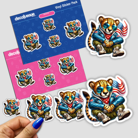 Patriotic Leather Cheetah Aviator Sunglasses - Colorful digital sticker pack featuring vibrant, playful cheetah characters wearing patriotic-themed accessories.