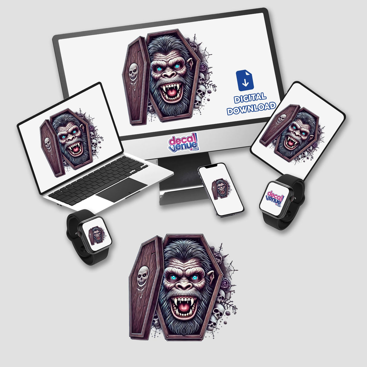 Scary Sasquatch Vampire Halloween digital art from Decal Venue featuring a menacing creature with glowing eyes and sharp teeth emerging from a coffin.