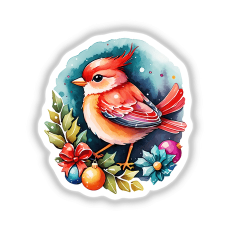 Sticker Design: Festive Christmas Bird Perched on a Holiday Wreath, showcasing a bird on a branch with holiday ornaments, available as stickers or digital artwork.