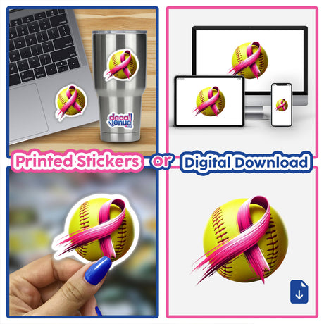 Yellow softball with pink ribbon for breast cancer awareness, available as stickers or digital artwork. The collage features multiple close-ups highlighting the design.