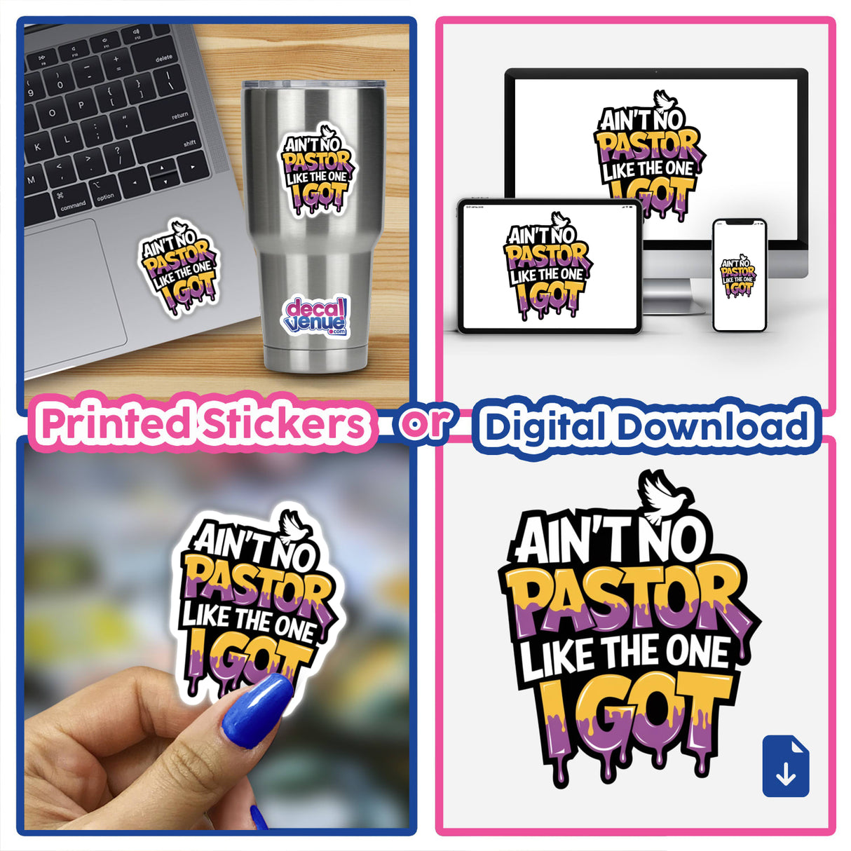 Collage featuring Christian phrase stickers on laptops and personal items, showcasing unique vinyl designs.