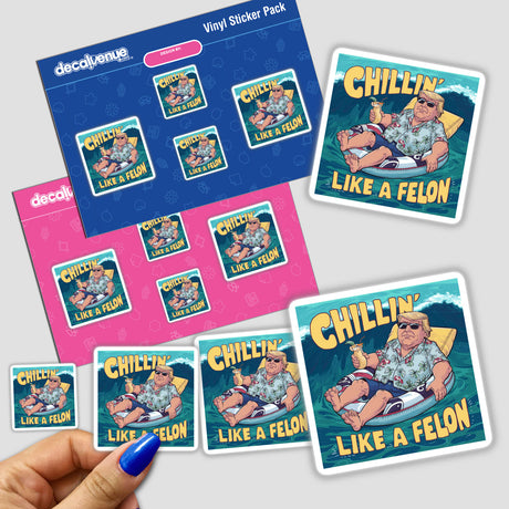 Chilling Like a Felon III - Vibrant digital artwork featuring an expressive character in a casual, playful pose on a variety of sticker designs.