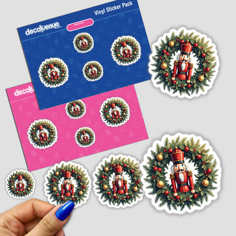 Nutcracker Soldier in a Christmas Wreath stickers, featuring nutcrackers encircled by festive wreaths, available as unique stickers or digital artwork from Decal Venue.