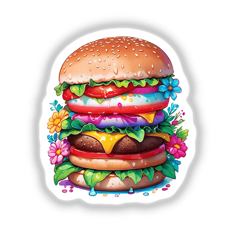 Flower burger with decorative flowers available as stickers or digital artwork, showcasing a unique and vibrant culinary-themed design for Decal Venue.