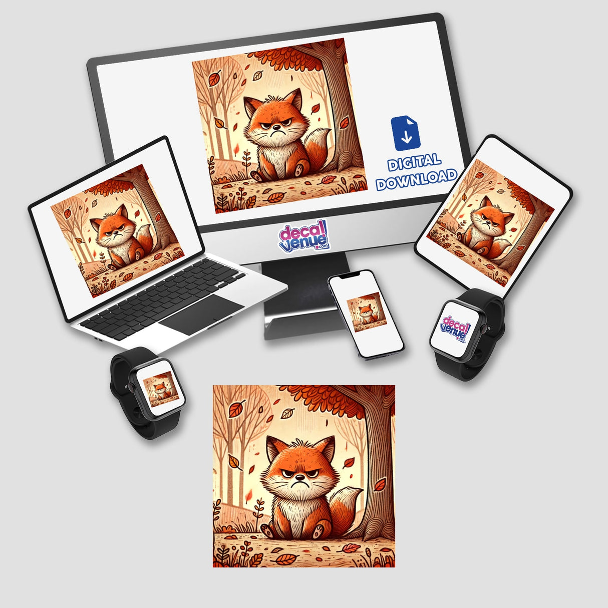 Grumpy Fox in Autumn: A cartoon fox sits under a tree, displayed on a computer monitor and laptop. Available as stickers or digital artwork.