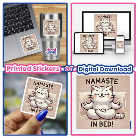 Collage featuring the Yoga Cat - Namaste in Bed sticker, displayed on a laptop and held by a person, highlighting a meditating cartoon cat, available as stickers or digital artwork.