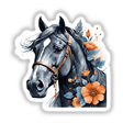 Horse Portrait Floral Accents PA13 features a painting of a horse adorned with flowers on its head, available as stickers or digital artwork. Perfect for adding a unique touch to your collection.