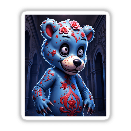 A Macabre Scary Bear cartoon character in a blue garment, available as stickers or digital artwork, featuring a playful yet eerie design suitable for unique decor.