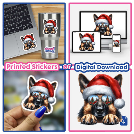 Resting Christmas Santa German Shepherd Dog II features a playful dog wearing a Santa hat and sunglasses, available as stickers or digital artwork, ideal for festive decor.