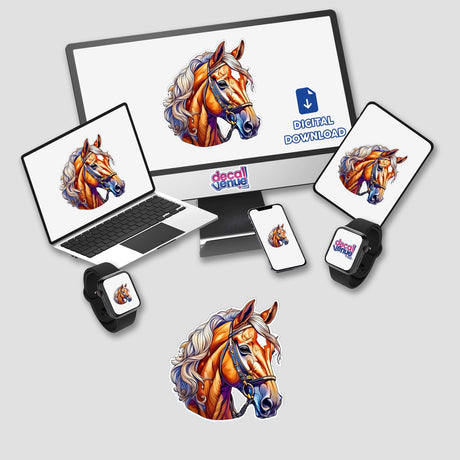 Vibrant horse head artwork displayed across multiple digital devices showcasing unique sticker designs from Decal Venue's creative collection.