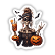 Halloween Skeleton Pirate Mama holding a pumpkin, surrounded by bats and pumpkins. Available as stickers or digital artwork.