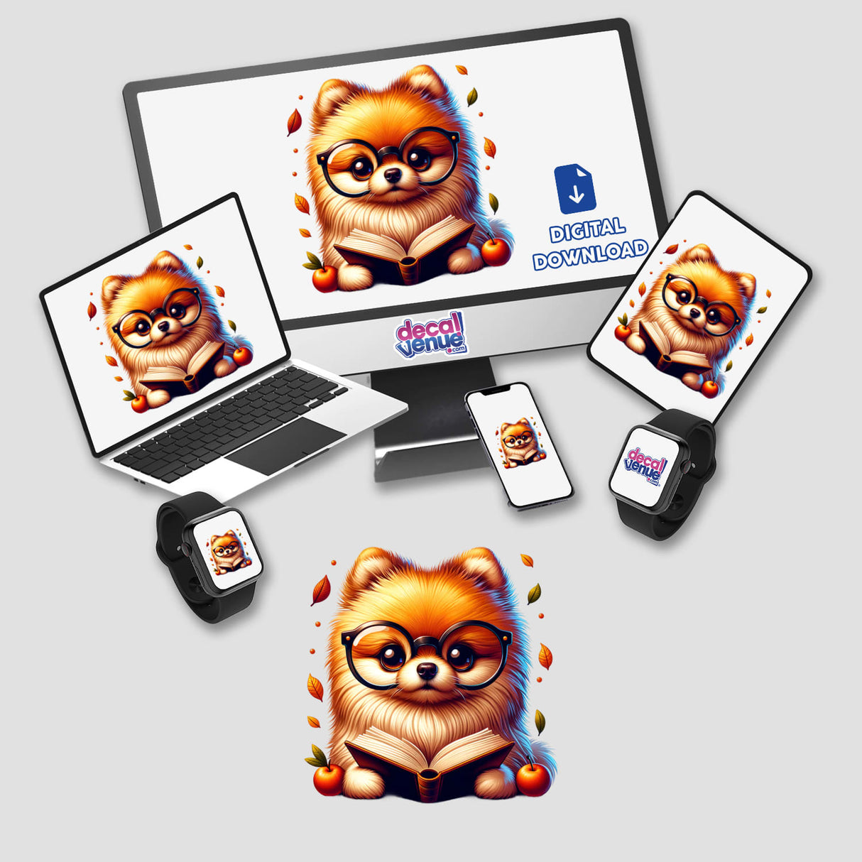 Pomeranian Dog With Reading Glasses Open Book