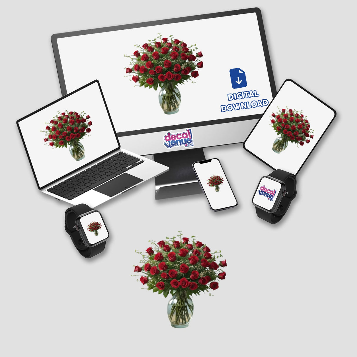 Stunning Red Roses Bouquet Clipart - Stickers or Commercial Use Download displayed on various devices including a laptop, tablet, and monitor, with vibrant red roses in vases.