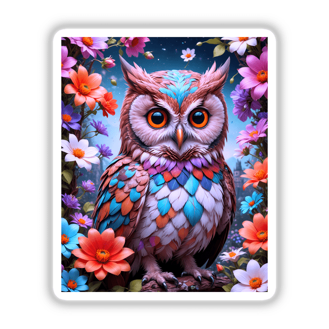 A Lovely Owl With Blooming Flowers: Detailed illustration of an owl surrounded by flowers, available as stickers or digital artwork from Decal Venue's unique collection.