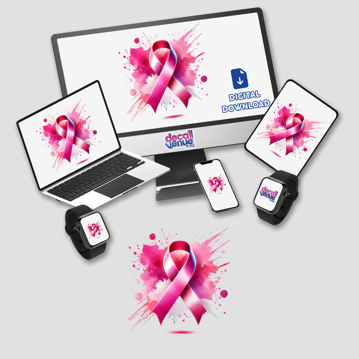 Watercolor Splash Pink Ribbon Breast Cancer Awareness displayed on a laptop, monitor, smartwatch, and tablet. Available as stickers or digital artwork from Decal Venue.