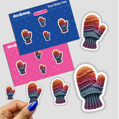 Sticker pack featuring colorful Knitted Yarn Mitten designs, held in a hand, showcasing Decal Venue's unique sticker and digital art offerings.