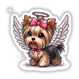 Halo and Wings Yorkie Angel Dog: A cartoon illustration of a dog with wings and a bow, available as stickers or digital artwork from Decal Venue.