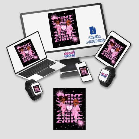 Gold Breast Cancer Series 9 stickers or digital artwork displayed on a computer monitor and laptop, featuring a cartoon character.