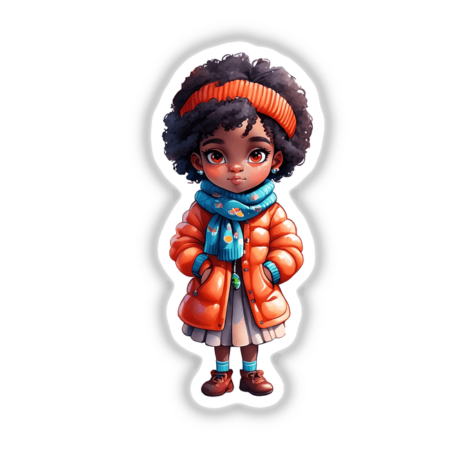 Cozy Winter Afro Girl Sticker featuring a cartoon girl with curly hair, wearing a scarf and jacket, available as stickers or digital artwork.