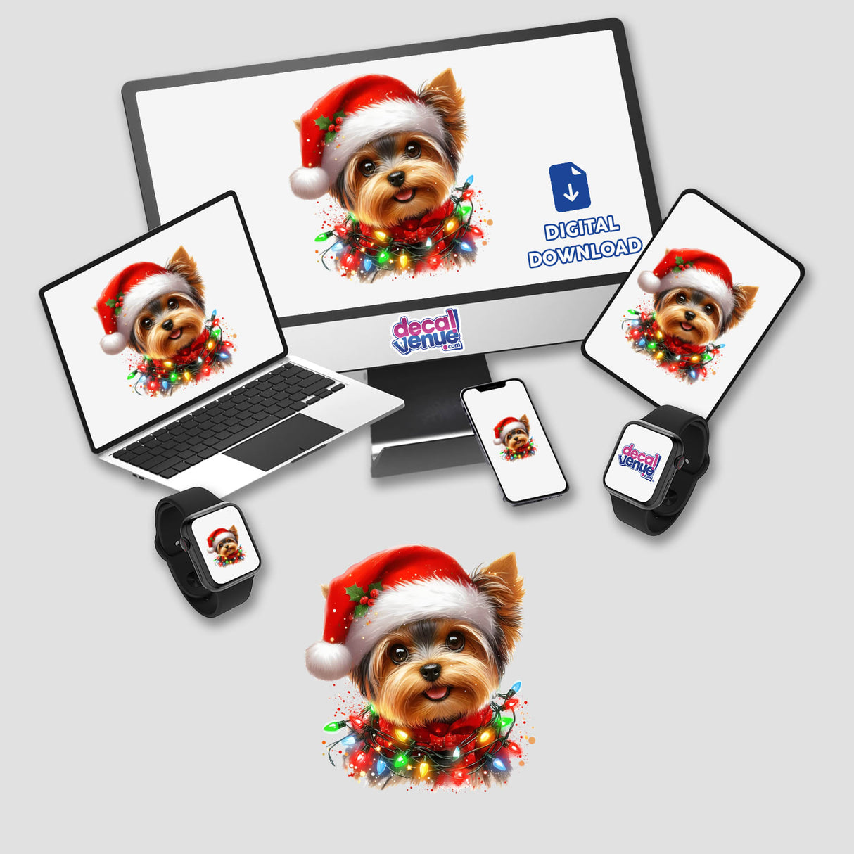 Yorkie Dog in Santa Hat Tangled Lights depicted on a computer monitor, surrounded by festive decorations, available as stickers or digital artwork.