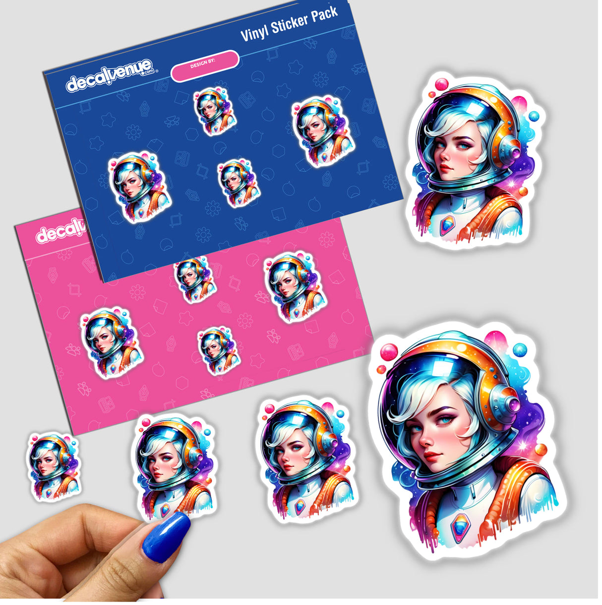 Sci-Fi Astronaut Air Hostess Sticker featuring a cartoon woman in a space suit with an astronaut helmet, available as stickers or digital artwork from Decal Venue.