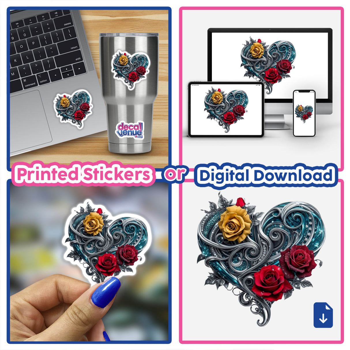 Collage featuring Heart With Silver Swirls, Red And Yellow Roses, and Blue Glitter Accents as a sticker and digital art on a laptop, emphasizing intricate floral heart designs.