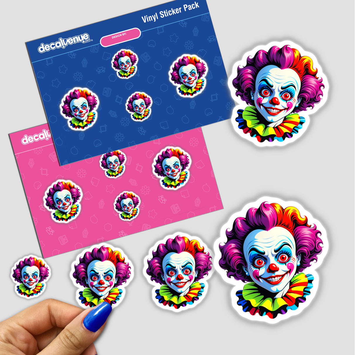 A Crazy Clown Girl sticker featuring a cartoon clown face with colorful hair, depicted close-up alongside a hand applying it. Available as a sticker or digital artwork.