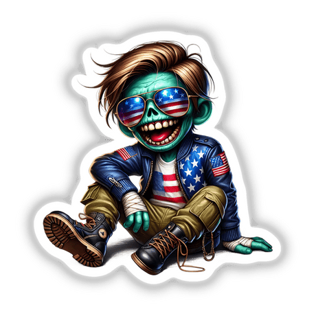 Patriotic Leather Zombie Aviator Sunglasses: Cartoon zombie in a jacket and sunglasses, sitting on the ground, available as stickers or digital artwork from Decal Venue.