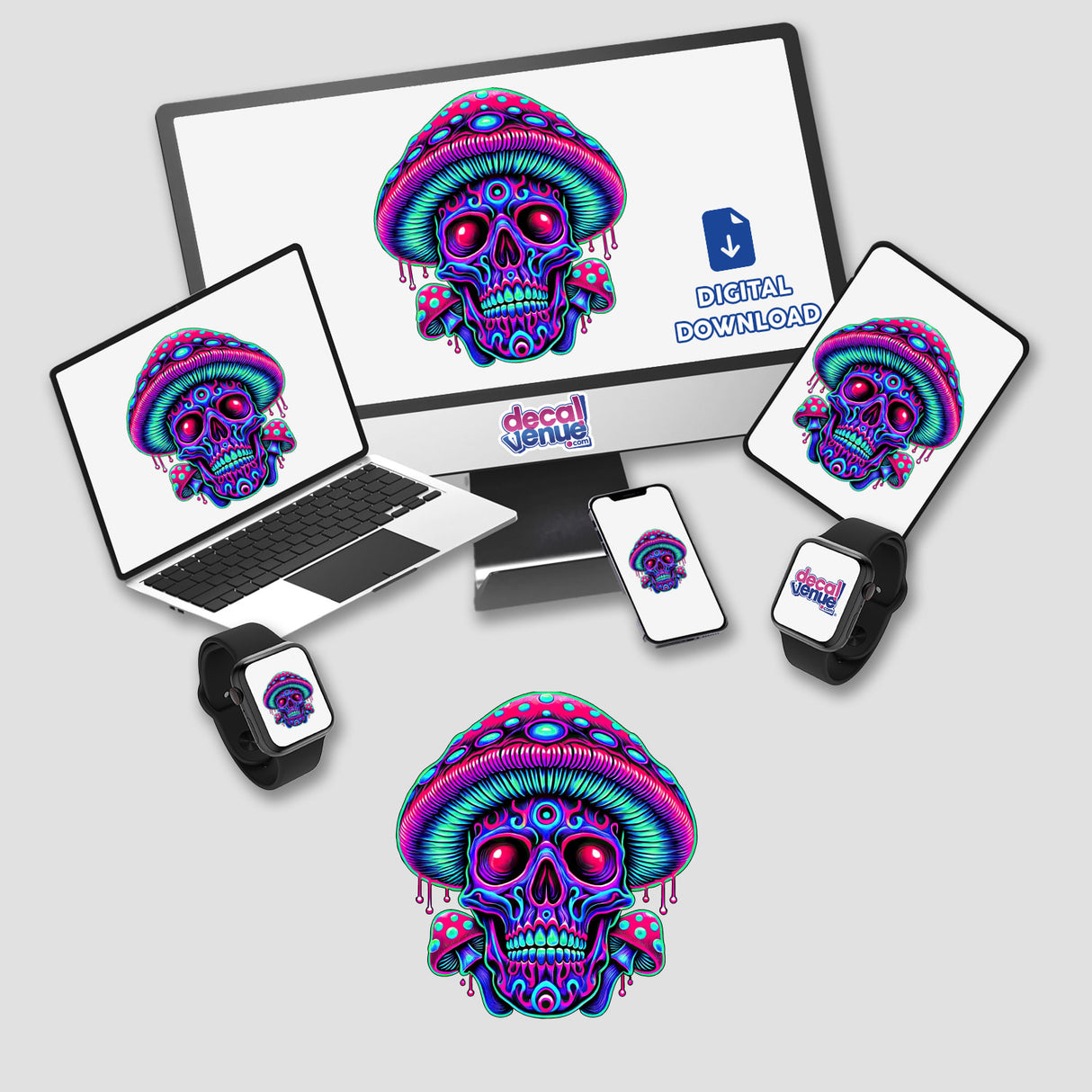 Psychedelic Skull Mushroom - Neon Trippy Dripping illustration on multiple devices, showcasing colorful skulls and mushrooms; available as stickers or digital artwork.