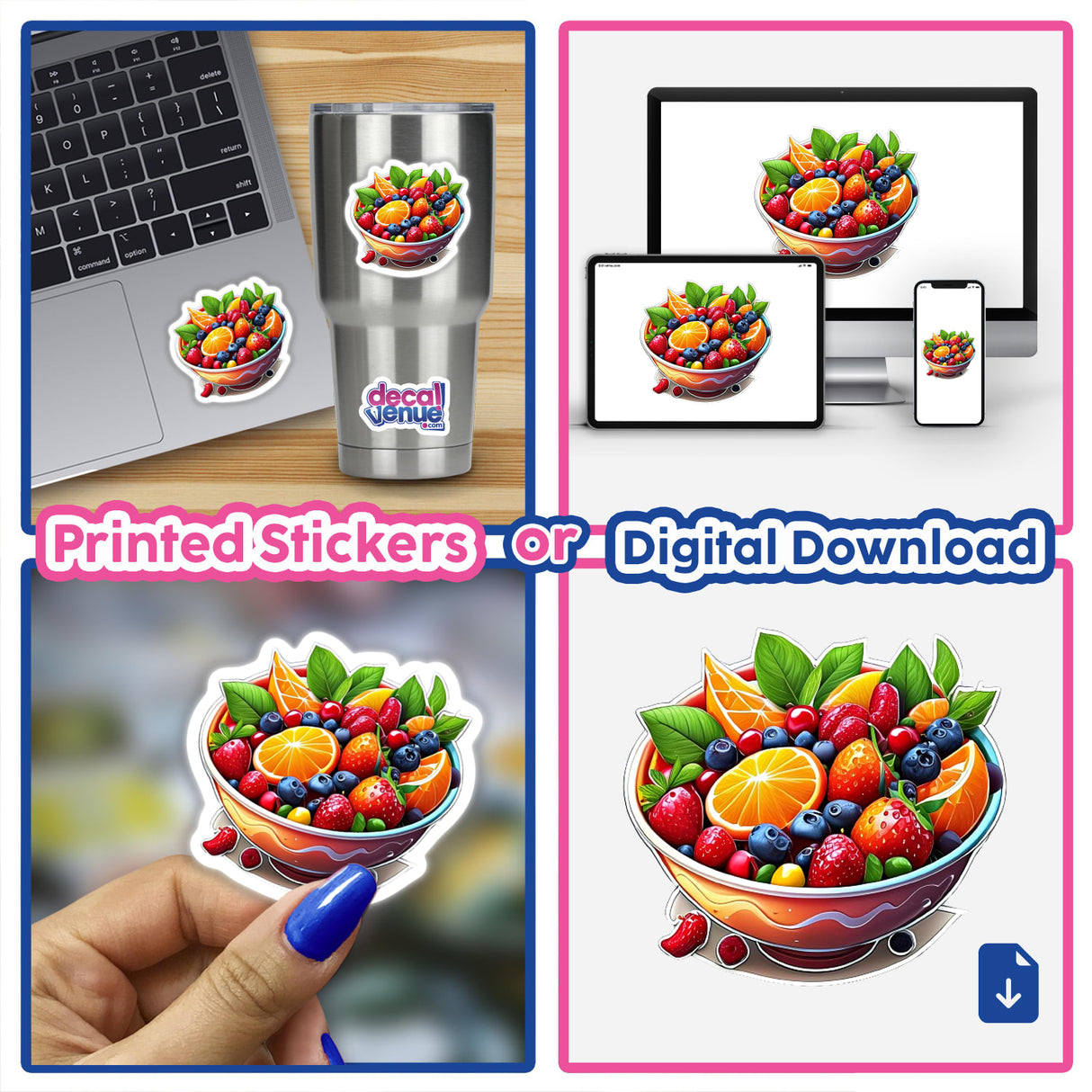 Colorful fruit salad in a bowl - digital artwork featuring an assortment of fresh berries, citrus, and other vibrant fruits displayed on various products from the Decal Venue store, including a laptop, smartphone, and sticker.