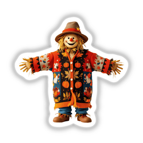 Adorable Scarecrow Knit Fabric Design featuring a cartoon scarecrow in a hat and jacket, paired with boots and pumpkins, available as stickers or digital artwork from Decal Venue.