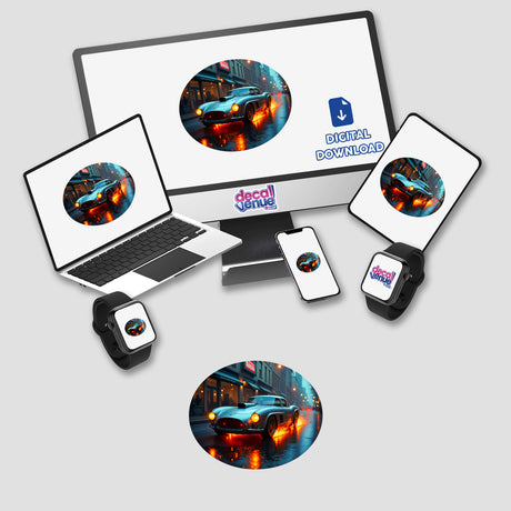 A Cool Ghost Fire Race Car depicted on a computer monitor and laptop screen, available as stickers or digital artwork from Decal Venue, showcasing unique automotive-themed digital art.