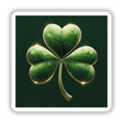 Elegant Shamrock – Green Clover with Subtle Glow and Gold Accents, showcasing a detailed four-leaf clover design, available as unique stickers or digital artwork from Decal Venue.