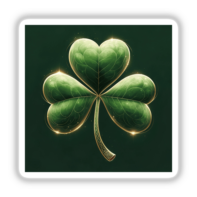 Elegant Shamrock – Green Clover with Subtle Glow and Gold Accents, showcasing a detailed four-leaf clover design, available as unique stickers or digital artwork from Decal Venue.