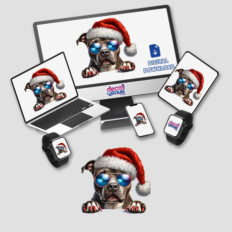 Cool Christmas Pitbull Santa Dog depicted as a cartoon, wearing a Santa hat and sunglasses, featured on a computer screen. Available as unique stickers or digital artwork from Decal Venue.