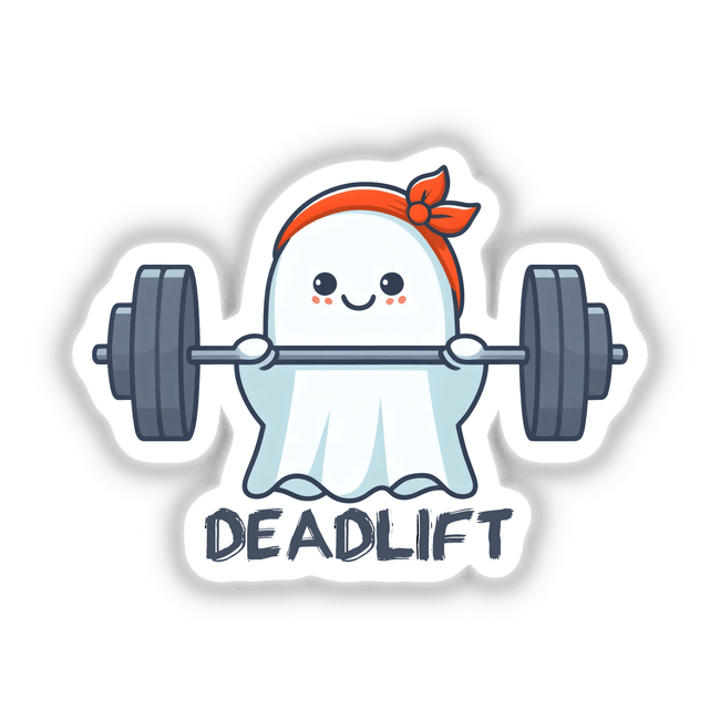 Cute Deadlift Ghost: A cartoon ghost lifting weights, available as stickers or digital artwork.