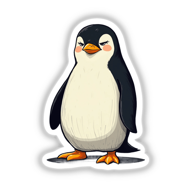 Grumpy Standing Penguin cartoon featuring a stern-faced penguin with a yellow beak and webbed feet, available as stickers or digital artwork from Decal Venue.