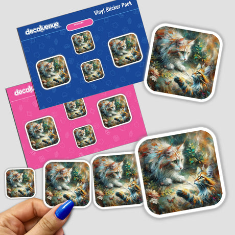 Maine Coon Kitty 4 stickers featuring various cat illustrations, with a hand holding one, available as both physical stickers and digital artwork from Decal Venue.