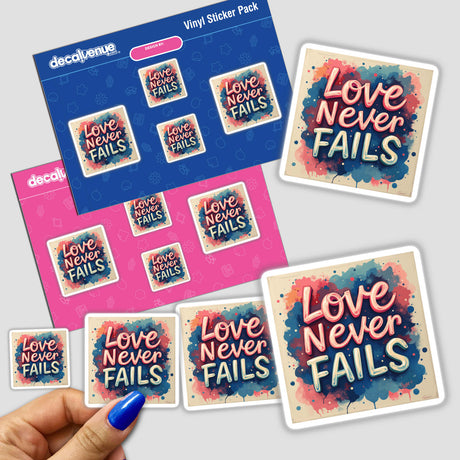 Love Never Fails Christian Sticker or Clipart pack, held in a hand with blue nail polish, featuring diverse, colorful designs. Available as stickers or digital artwork with commercial rights.