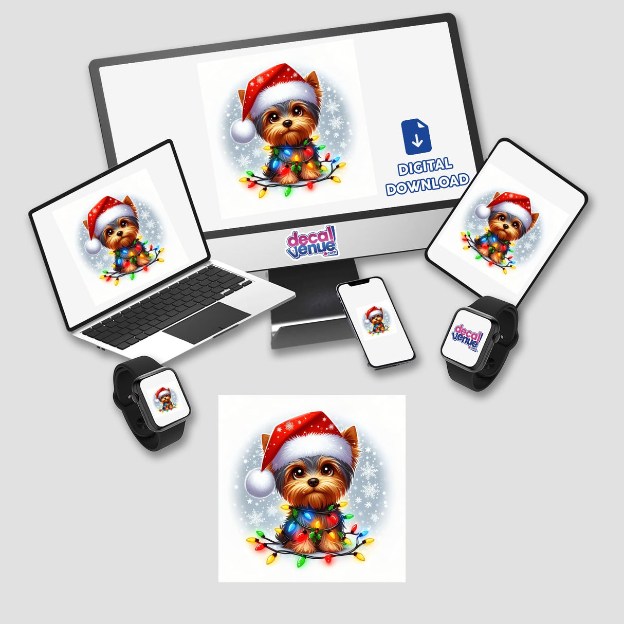 Merry Christmas Santa Yorkie Dog displayed on various devices, showcasing festive stickers or digital artwork. The Yorkie wears a Santa hat and lights, perfect for holiday-themed decor.