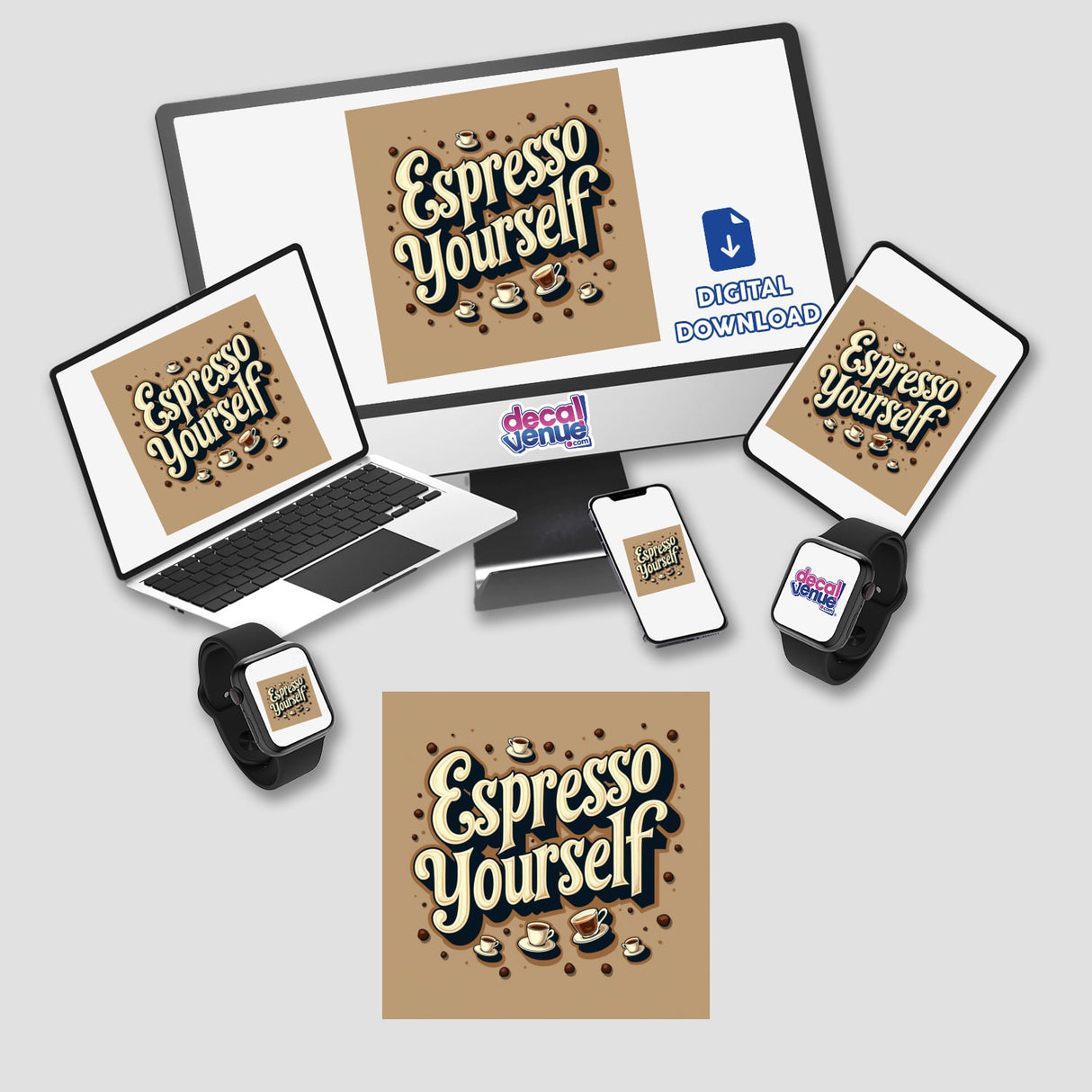 Espresso Yourself Sticker featuring coffee-themed digital clipart, including a laptop and phone displaying coffee logos, perfect for espresso enthusiasts. Available as stickers or digital artwork from Decal Venue.