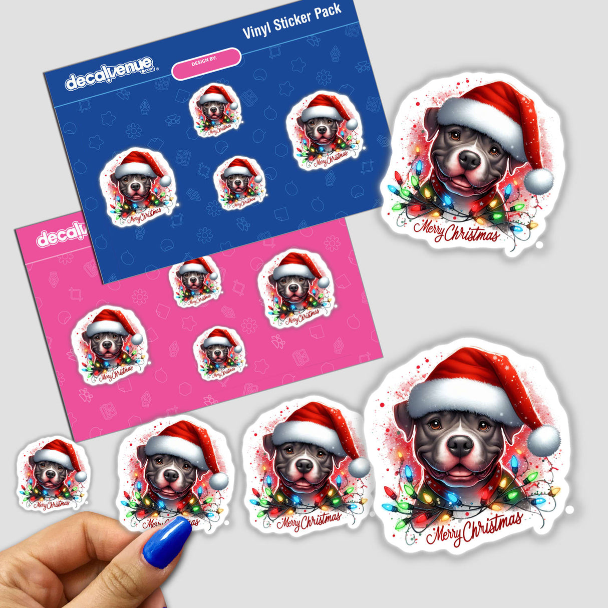 Merry Christmas Lights Pitbull Dog sticker, featuring a cartoon pitbull adorned with a Santa hat and Christmas lights, available as stickers or digital artwork from Decal Venue.