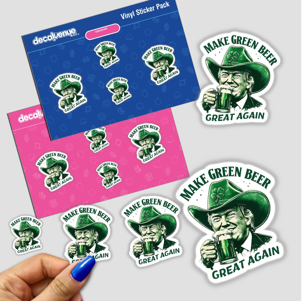 Sticker titled Make Green Beer Great Again Trump Cowboy I featuring a cartoon of a man in a cowboy hat holding a mug of green beer, embodying playful, bold design.