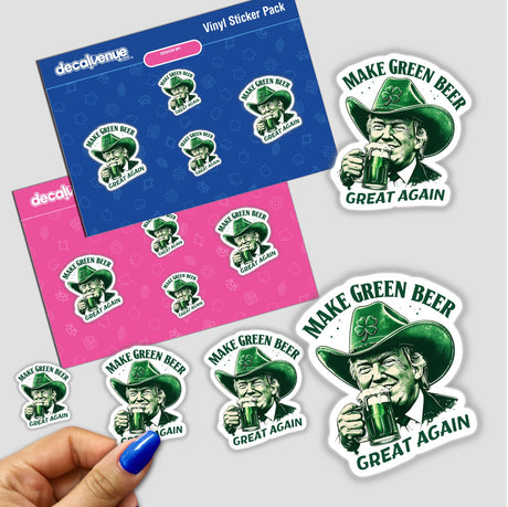 Sticker titled Make Green Beer Great Again Trump Cowboy I featuring a cartoon of a man in a cowboy hat holding a mug of green beer, embodying playful, bold design.