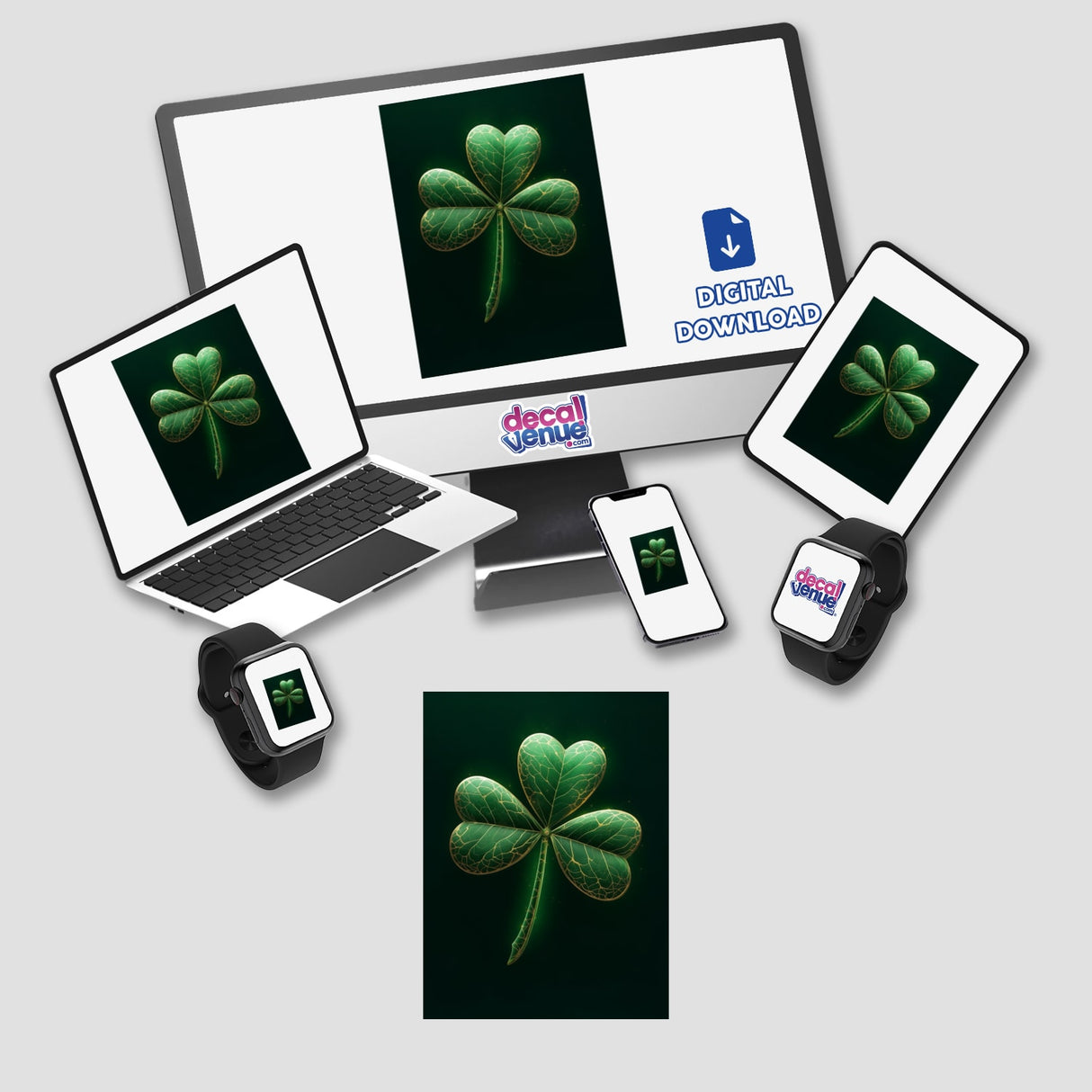 Golden Veined Shamrock – Green Clover with Subtle Glow and Cracked Gold Detailing displayed on various electronic screens, available as stickers or digital artwork from Decal Venue.