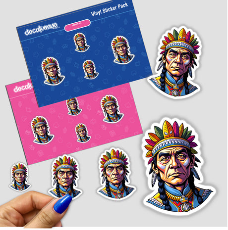 Sticker featuring a cartoon graphic of a Native American Warrior Chief in a colorful headdress, part of Decal Venue's unique vinyl stickers and digital art collection.